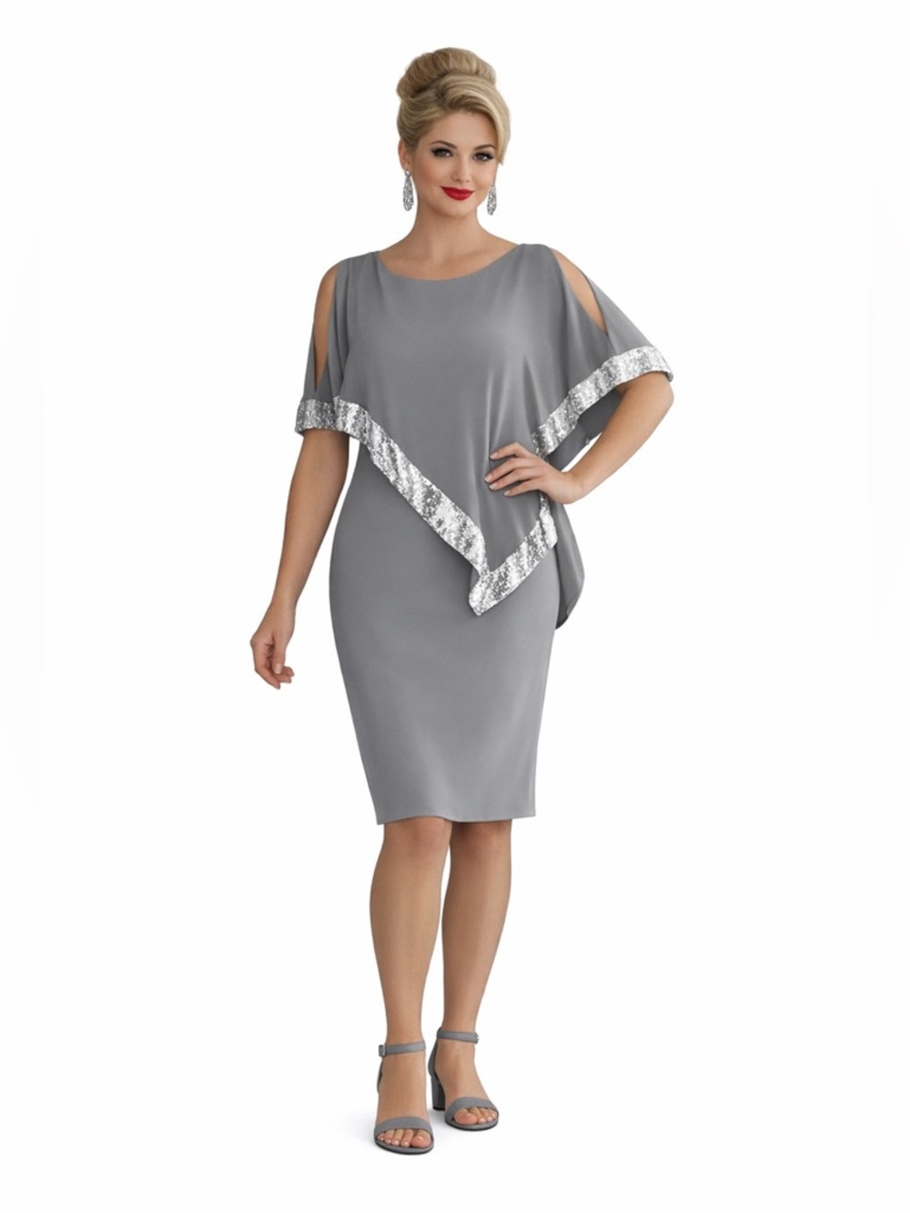 Midnight Velvet Sequin Trim Cocktail Party Formal Wedding Guest Gray Cape Dress